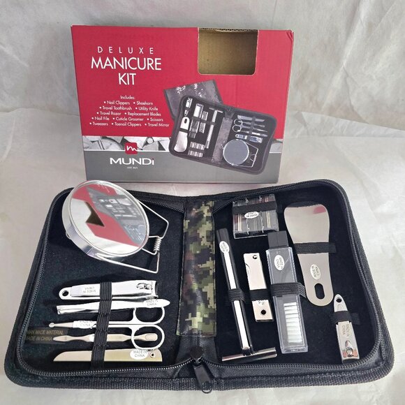 Mundi Deluxe 12 Pc Kit Clippers Toothbrush Mirror Scissors Razor Zip Case NIB - Picture 2 of 8